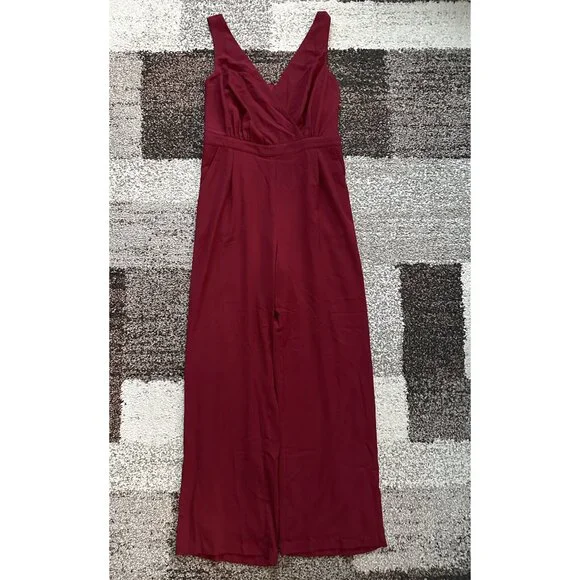 LULUS (XL) Burgundy Kiska Jumpsuit Dressy Red Lace V-Neck Surplice Sleeveless - Picture 3 of 16